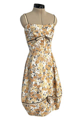 Rare 1960s Jane Derby by Oscar de la Renta Floral Print Dress w Ribbon & Bubble Skirt Detail