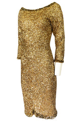 1960s Gene Shelly Gold Sequin w Paillette Detailing Stretch Knit Dress