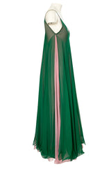 1960s Unlabeled Multiple Layered Pink & Green Chiffon Swing Maxi Dress