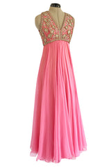 1960s Pat Sandler Pink Silk Chiffon Dress w Rhinestone & Gold Metal Cord Bodice Detailing