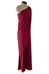 Fabulous 1970s Unlabeled Burgundy Jersey One Shoulder Wide Leg Jumpsuit