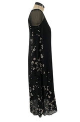Late 1970s Pauline Trigere Black Silk Chiffon Dress w Silver Fused Glitter Flower Design
