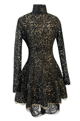 1980s James Galanos Attributed Demi-Couture Black & Metallic Gold Lace Dress Set