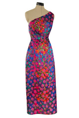 Prettiest 1970s Bergdorf Goodman One Shoulder Silk Brocade Woven Pink Rose Dress