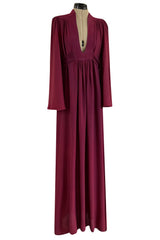 1970 Ossie Clark 'Graduation' Front Plunge Dress in a Burgundy Moss Crepe