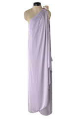 1981 Bill Tice Lilac One Shoulder Jersey Dress w Gold Lame Flower Detailing