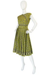 1950s Carolyn Schnurer Knife Pleated Cotton Print Dress