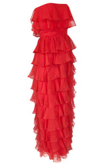 c.1977 Valentino Strapless Silk Chiffon Red Ruffle Full Length Dress
