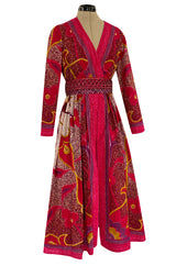 1960s Malcolm Starr Bright Cherry Pink Floral Batik Print Dress w Hand Beaded Belt