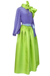 Spring 1978 Bill Blass Crisp Bright Green Silk Taffeta Skirt & Purple Silk Top Dress Set