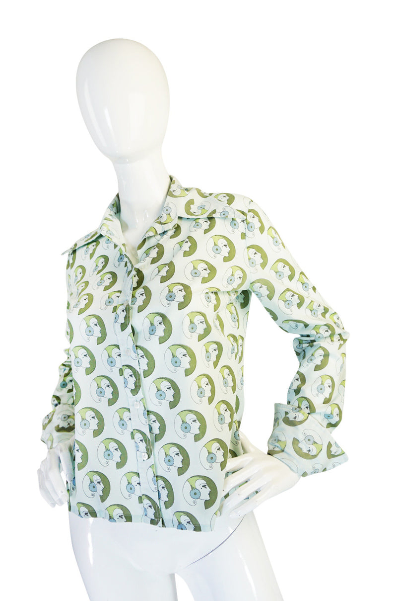 1970s Novelty Print Pointed Collar Button Down Shirt