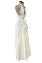 Faboulous 1970s Halston Ivory Jersey Dress W Plunged Front Full Skirt & Tie Waist