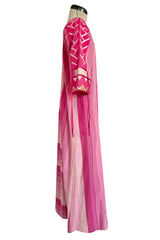 1960s Josefa Hand Made Mexico Pink Caftan Dress w Embroidery & Ribbon Details
