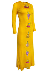 Early 1970s Bob Mackie Ray Aghayan Yellow Jersey Dress w Sequin Fruit