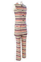 1970s Givenchy Taupe Red and Blue Striped Knit Jersey Pant & Top Set