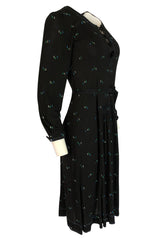 1970s Jean Muir Printed Jersey Dress w Incredible Art Deco Buttons