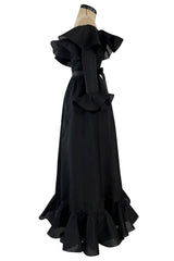 Gorgeous 1972 Nina Ricci Black Silk Gazaar Off Shoulder Dress W Ruffled Finishes