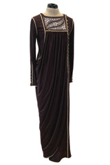 Museum Held 1970s Bill Gibb Deep Brown Liquid Jersey Dress w Metal Buttons & Extensive Beading