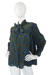 1970s Yves Saint Laurent Green Print Silk Top