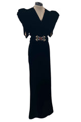 Incredible 1930s Black Silk Velvet Wrap Bias Cut Dress w Elaborate Metal & Bead Belt