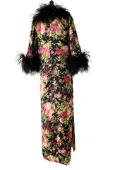 Gorgeous 1950s Fused Chenille Flowers on Silk Dress w Ostrich Feather Trim Jacket