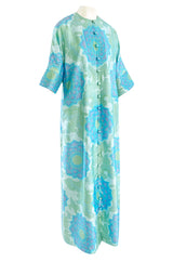 Gorgeous 1970s Pierre Balmain Soft Green and Blue Printed Thai Silk Caftan Dress or Evening Coat