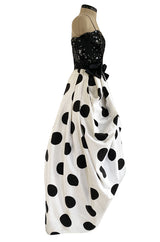 Early 1980s Possible Louis Feraud Graphic Sequin Bodice w Black & White Dotted Bubble Skirt Dress