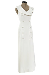 Chic Cruise 1997 Chanel by Karl Lagerfeld White Dress w Large Collar & Logo Buttons