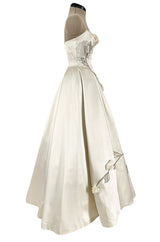 Gorgeous 1950s Emma Domb Ivory Matte Satin Dress w Sequin & 3D Flower Detailing