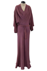 Unusual 1930s Avant Garde Mauve Moss Crepe Dress w Hand Beaded Sleeve Detailings