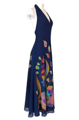 c.1972 Unlabeled Karl Lagerfeld Chloe Hand Painted Halter Dress & Scarf