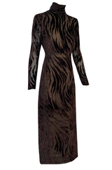 1970s Pauline Trigere Fused Velvet & Chocolate Silk Chiffon Dress w Attached Tie at Neck