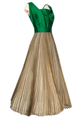 c.1954 Jeanne Lanvin Castillo Haute Couture Emerald & Gold Organza Dress
