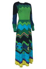 1970s Louis Feraud Turquoise & Green Printed Jersey Maxi Dress