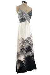 Spring 2000 Hanae Mori Haute Couture Forest & Butterfly Print Silk Chiffon Dress & Silk Huge Scarf