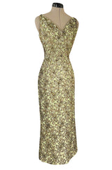 Incredible 1950s Mignon Densely & Heavily Beaded Green Silk Brocade Hourglass Dress