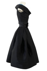 1950s Nettie Rosenstein Black Silk Full Skirted Dress w Interesting Blue Trim Neckline