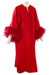 1960s Odette Barsa Loose & Easy Fitting Red Caftan w Wide Red Feather Cuffs