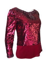 1980s Bill Blass Couture Red Sequin & Bead Deep Low V Back Top