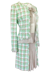 2004 Chanel Cruise Documented Mint Green Boucle & Silk Chiffon Suit