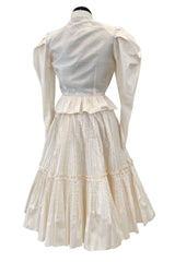 Gorgoeus Early 1980s Vicky Tiel Ivory Silk Pouf Shoulder Button Top & Pleated Skirt Set