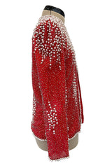 Prettiest 1980s Victoria Royal Faux Pearl & Silver Tube Bead Red Jacket