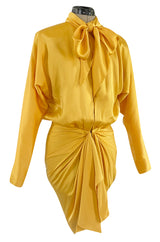 1980s Ady Couture Lausanne Yellow Bias Cut Silk Satin Two Way Tunic or Mini Dress
