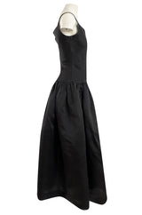 1980s Oscar De La Renta Black Silk Taffeta Dropped Waist Full Skirt Dress w Button Back