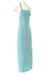 Important 1974 Halston Turquoise Cashmere Extremely Low Back Halter Dress