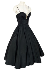 1950s Unlabeled Black Full Circle Skirted Silk Dress w Daisy Applique Bust