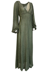 1970s Ossie Clark Metallic Green & Silver Lurex Knit Lame Plunge Dress