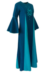 1960s Josefa Hand Embroidered Ocean Blue & Turquoise Bell Sleeve Caftan