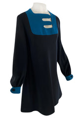 c.1967 Pierre Cardin ‘Cosmocorps’ Collection Cut Out Blue Neckline on Black Wool Dress