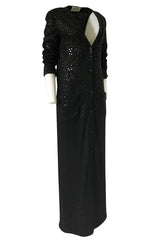 1970s Bill Blass Black Knit Wool Jersey & Silk Sequin Covered Cardigan Dress